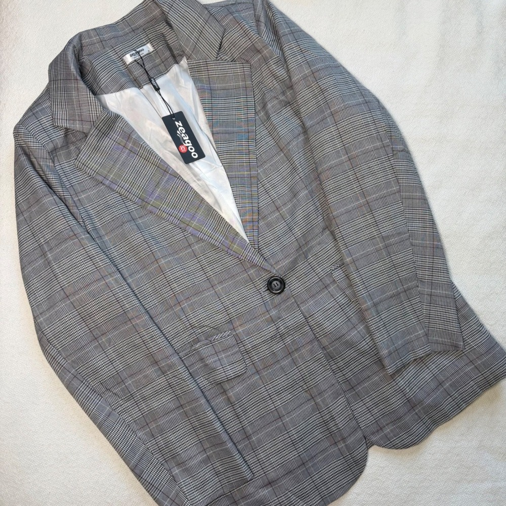 Zeagoo Womens Grey Plaid Blazer Jacket Single Button Preppy Academia Size M NWT
